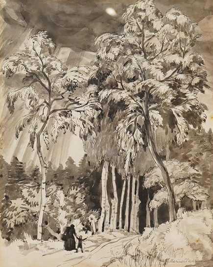 Katharine Frances Clausen (1886-1936), monochrome ink and wash, Two figures on a wooded pathway, signed, 28 x 22cm. Condition - fair